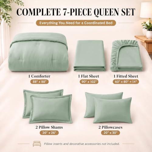CozyLux Queen Comforter Set Sage Green, 7 Pieces Bed in a Bag