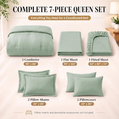 CozyLux Queen Comforter Set Sage Green, 7 Pieces Bed in a Bag