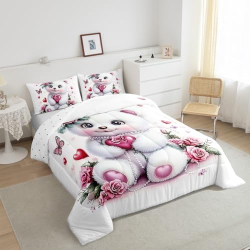 Feelyou Kids Cute Bear Comforter Set King Size Rose Butterfly Love Heart Bedding Set Boys Girls Flowers Floral Quilt Set Cartoon Kawaii Animal Pattern Bed Set