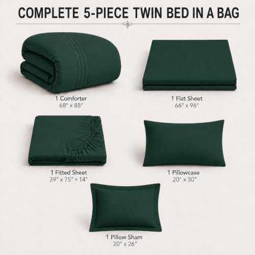 Twin Comforter Set with Sheet Emerald Green, 5 Pieces Bed in a Bag
