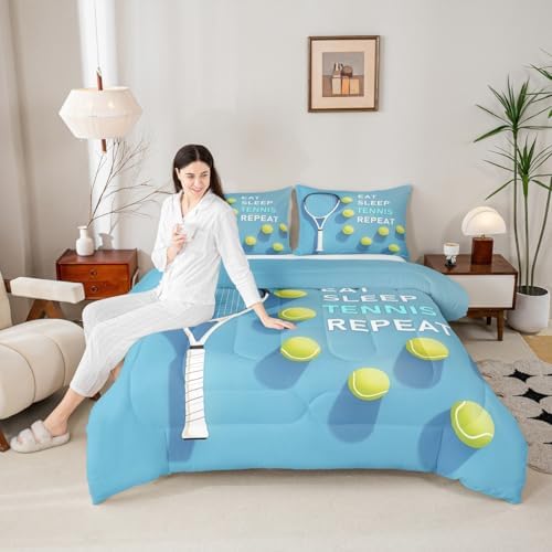 Castle Fairy Sports Tennis Bedding Set Toddler Size Tennis Racket Balls Comforter Set for Kids Teens Room Decor Fashion Sport Competition Duvet Insert SkyBlue Yellow Down Comforter Set,2Pcs