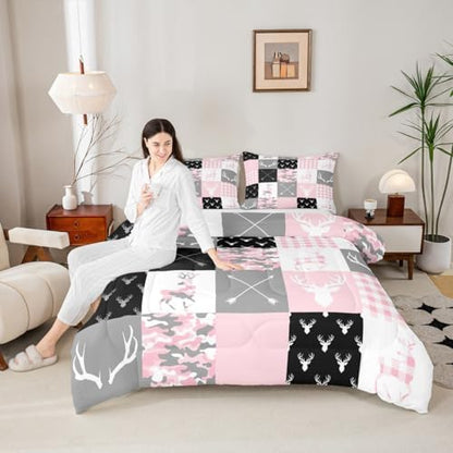 Pink Camo Kids Comforter Set Twin Size,Deer Antlers Silhouette Camouflage Bedding Set for Boys Girls New Year Xmas Decor,Wild Animals Hunting Down Comforter,Arrow Plaids Patchwork Quilt,1 Pillowcase