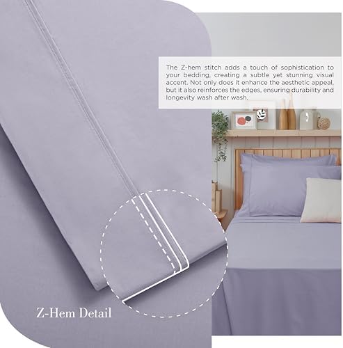 Linen Home 100% Cotton Percale Sheets Queen Size, Prelude Purple, Deep Pocket, 6 Pieces Set- 1 Flat, 1 Fitted and 4 Pillowcases, Crisp Cool and Long Staple Strong Bed Linen