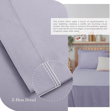 Linen Home 100% Cotton Percale Sheets Queen Size, Prelude Purple, Deep Pocket, 6 Pieces Set- 1 Flat, 1 Fitted and 4 Pillowcases, Crisp Cool and Long Staple Strong Bed Linen
