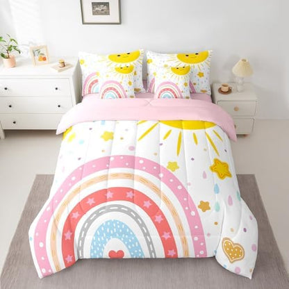 Erosebridal Rainbow Girlsbed in A Bag with Sheets Cute Sun Bedding Set for Kids Teen Colorful Kawaii Rainbow King Comforter Set 7 Piece Cartoon Stars Love Heart Bed Set Bedroom Decor