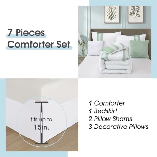 LANCO MODERN LIFESTYLE 7 Piece Comforter Set, Sage White, California King, Boho Style Geometric Microfiber Embroidery, Bed in a Bag with Bedskirt, Pillow Shams and Decor Pillows