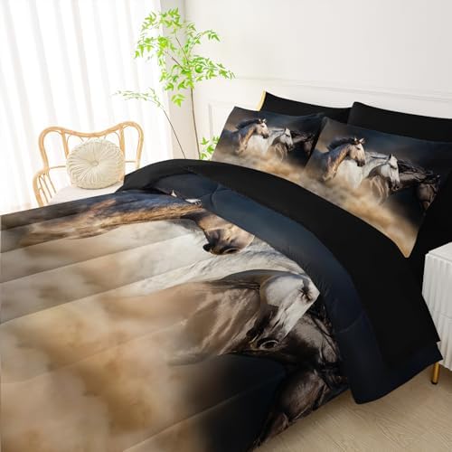 QOOMO Running Horse 7 Pieces Comforter Set Queen,Galloping Horse Bedding