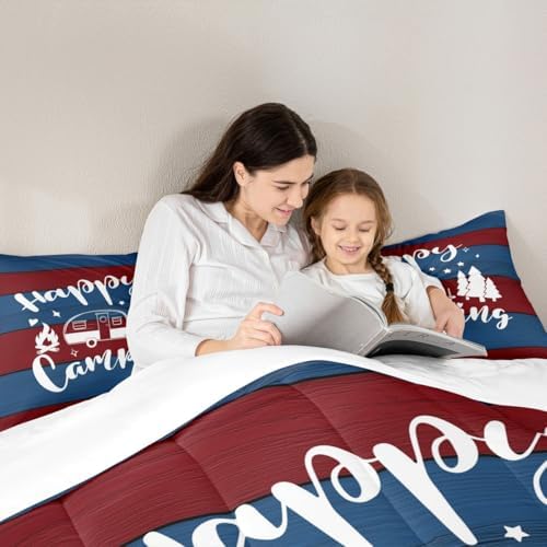 Rustic Camping Travel Comforter Set Twin Size,Camper RV Trailer Decor Bedding Set 2pcs for Kids Boys Girls Adults,Old Wooden Plank Farmhouse Down Comforter,Red Blue Retro Duvet Insert,1 Pillowcase