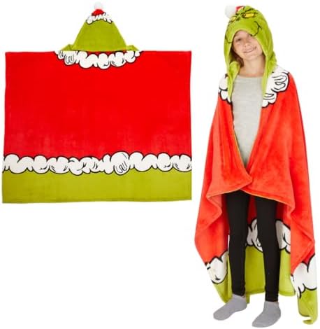 Franco Dr. Seuss The Grinch Holiday Christmas Kids Bedding Soft Cozy Hooded Throw Blanket, 40 in x 50 in, (Officially Licensed Product)