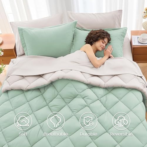 MUXHOMO 7 Pieces Queen Comforter Set, Reversible Bed in a Bag Queen Size, All Season Bedding Set with Comforter, Flat Sheet, Fitted Sheet, Pillowcases & Shams, Sage Green & Beige