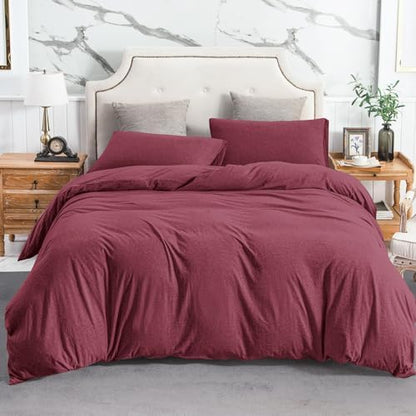 PURE ERA Jersey Knit Duvet Cover Set Heather Burgundy Red Queen