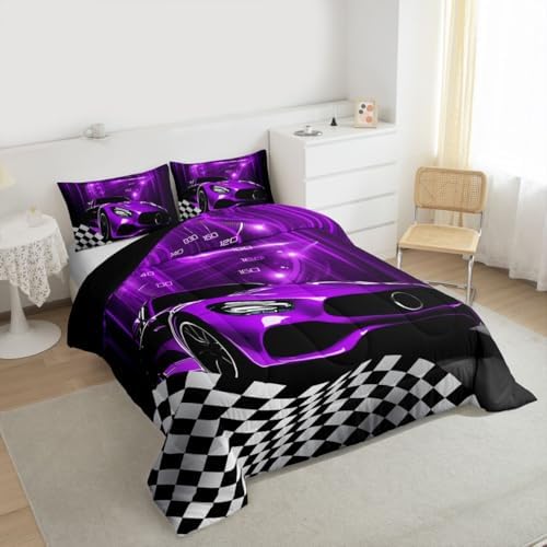 Erosebridal Purple Race Car Comforter Set for Teenage Boys,Glitter Ombre Line Art Bedding Set Neon Light Sports Car Dashboard Quilt Twin,Black and White Grid Lattice Buffalo Plaid Decor