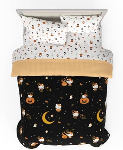 Sanrio Hello Kitty Halloween Pumpkin Queen Bed Set – Super Soft & Cozy 5 Piece Reversible Comforter and Sheet Set (Officially Licensed Product) by Franco