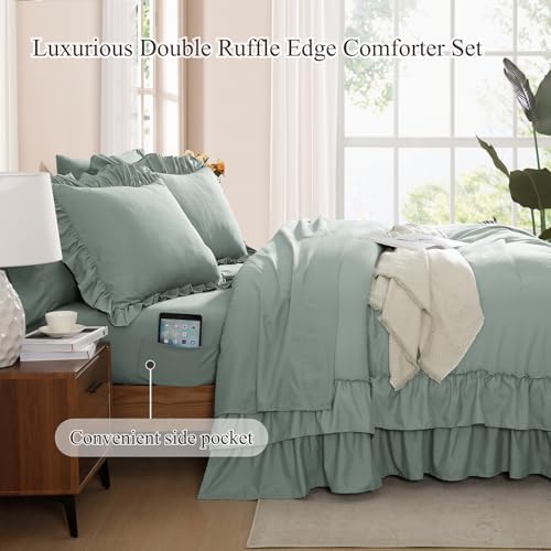 California King Comforter Set Sage Green Ruffle 7 Pieces Bed in a Bag