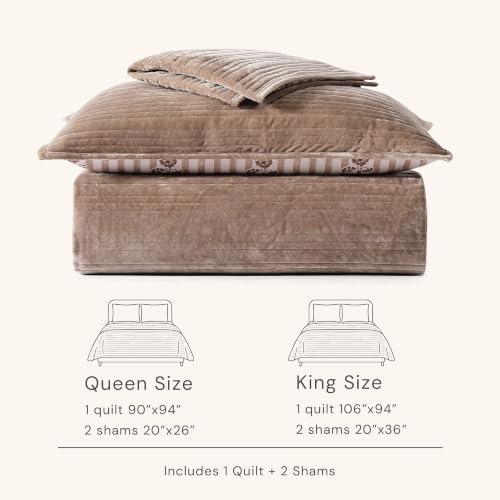 BLOOMHAVEN Brown Velvet Quilt King Size - Reversible King Quilt Bedding Set