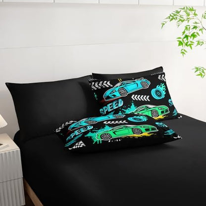 HOSIMA 7Pcs Black Cartoon Sports Race Car King Comforter Set with Sheets.