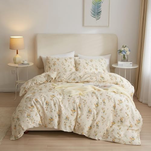 Vintage Yellow Flower Comforter Set Queen Fluffy Soft Floral Bedding Comforter Boho Flower Leaves Botanical Comforter Cottagecore Bedding Set Aesthetic Floral Comforter Set Queen Size for All Season