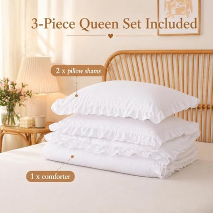 JANZAA White Comforter Set Oversized King, Ruffle Soft Bedding