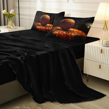 Helloosun 5PCS Basketball Bedding Twin,Boys Sports Comforter Set,Basketball Twin Comforter for Boys,Red and Black Court Bed Set
