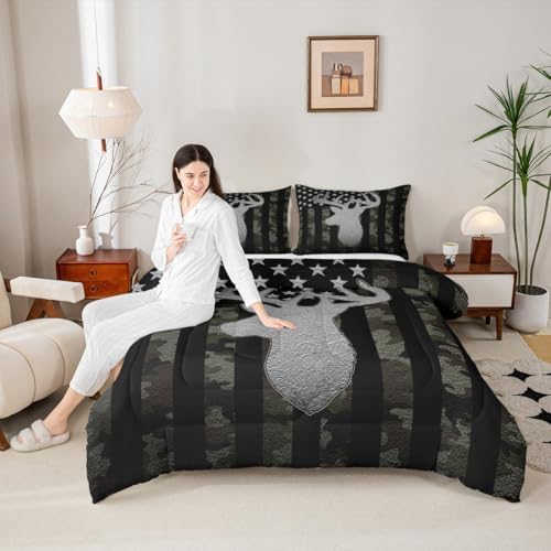 American Flag Queen Comforter Set,Army Green Camouflage Grey Antlers Down Comforter for Man Adult,Camo Deer Hunting Animal Camper Bedding Set Stars Stripes USA Flag Quilt,Farmhouse Style