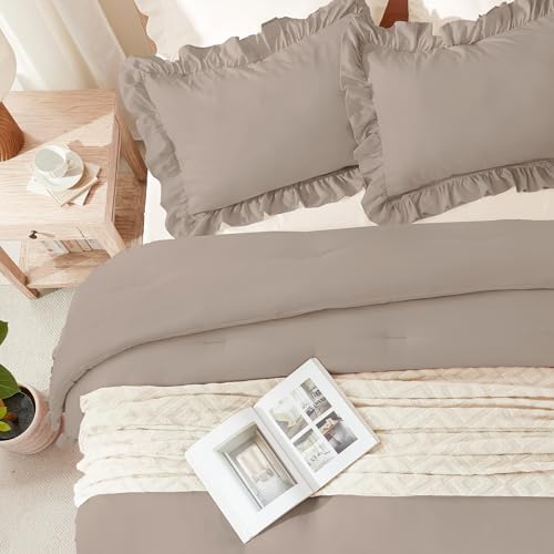 Andency Light Brown King Size Comforter Set, 3 Pcs Solid Farmhouse Bedding