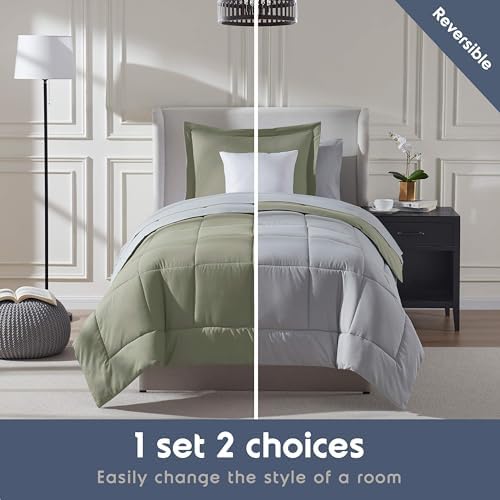 Nestl 7 Piece Twin Comforter Set – Light Sage Reversible Bed in a Bag – Complete Twin Size Bedding Set with Sheets, Set of 2 Cooling Pillows, Pillowcase and Sham