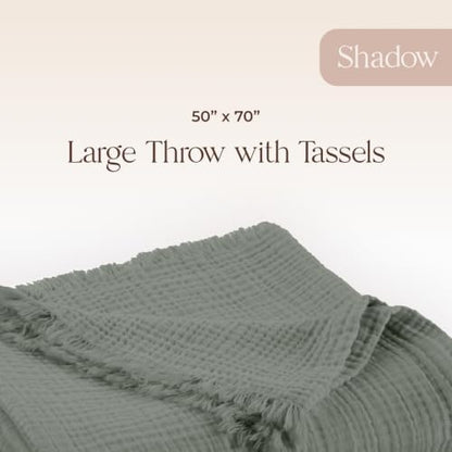 100% Cotton Organic Muslin Throw Blanket for Adults GOTS & Fairtrade Certified Organic Cotton - Couch Living Room and Bedroom Decor - 4 Layer Super Soft and Cozy (Shadow, Large Throw)