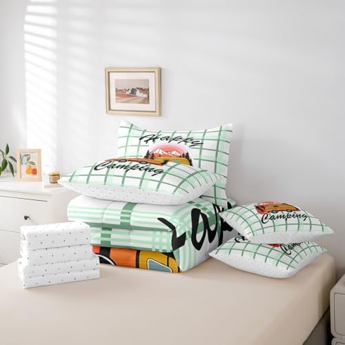 Erosebridal Happy Camping Comforter Set Twin Size,Cartoon RV Bedding Set for Kids Teens,Green Buffalo Plaid (Comforter+Fitted+Flat Sheet+2 Pillowcases+2 Throw Pillow Covers) 7 Pieces Bed Set