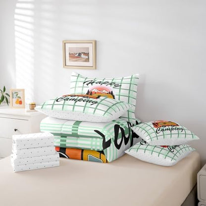 Erosebridal Happy Camping Comforter Set Twin Size,Cartoon RV Bedding Set for Kids Teens,Green Buffalo Plaid (Comforter+Fitted+Flat Sheet+2 Pillowcases+2 Throw Pillow Covers) 7 Pieces Bed Set