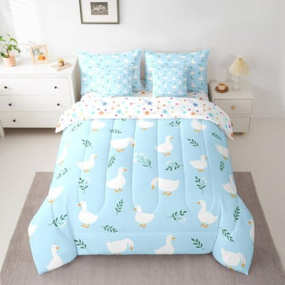 Erosebridal Cute Silly Goose Twin Size Bedding Set Boys Cartoon Ducks 7 Pieces Comforter Set with Sheets for Kids Teens Funny Animals Bed in a Bag Light Blue Farmhouse Floral Bed Sets