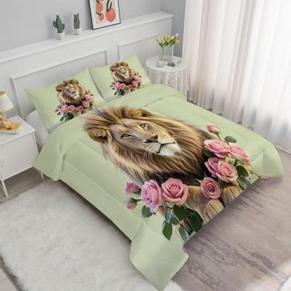 Rose Lions Bedding Set Twin Mint Green Comforter for Girls