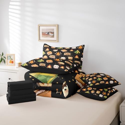 Erosebridal Kids Camping Bedding 7 Piece Cute Camper Car Tent Twin Comforter Set with Sheets for Boys Girls,Rv Bunk Bed in A Bag Accessories for Inside,Travel Trailers Adventure Bed Set