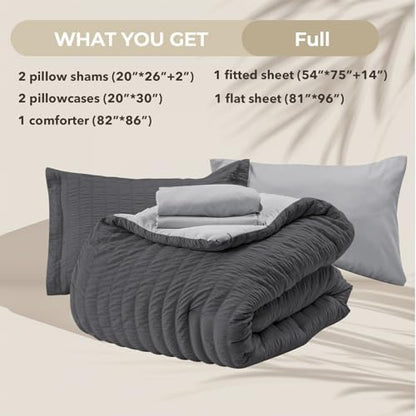 HYMOKEGE Dark Grey/Light Grey Full Size Comforter Sets Seersucker 7 Pieces, All Season Luxury Bed in a Bag for Bedroom, Bedding Set with Comforter, Sheets, Pillowcases & Shams