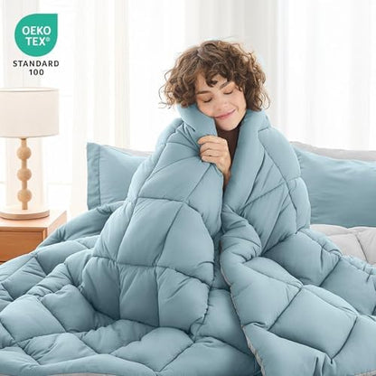 MUXHOMO 7 Pieces Queen Comforter Set, Reversible Bed in a Bag Queen Size, All Season Bedding Set with Comforter, Flat Sheet, Fitted Sheet, Pillowcases & Shams, Greyish Blue & Light Grey