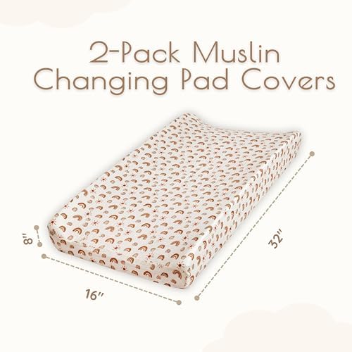 Baby Changing Pad Covers Boy, 2-Pack Changing Table Sheets, 100% Cotton Muslin Changing Pad Covers, 32"x16" x 8" Diaper Changing Pad Cover Boy, Oeko-TEX (Rainbow + Neutral Beige Changing Pad Cover)