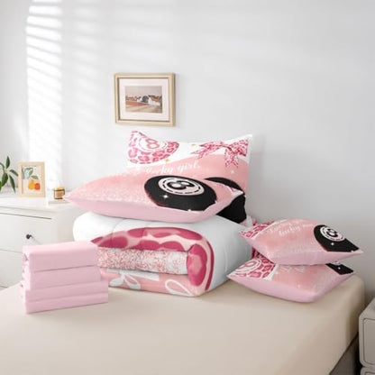 Erosebridal Girls Leopard Bow 7 Piece Bedding Set Twin,Pink Fashion Y2K Preppy Comforter Set Cheetah Print Lucky 8 Ball Bed in A Bag with Sheets for Kids Teen Adults,Girly Coquette Bowknot Bed Set