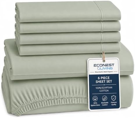 100% Egyptian Cotton Bed Sheets Queen Size 6-Piece Set, Deep Pocket, Sage
