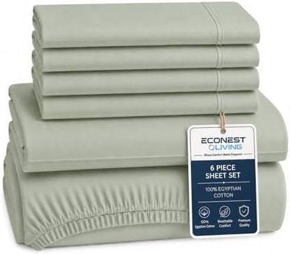 100% Egyptian Cotton Bed Sheets Queen Size 6-Piece Set, Deep Pocket, Sage
