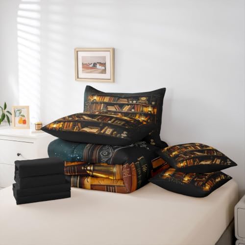 Erosebridal Vintage Bookshelf 7 Piece Bedding Set Full Antique Library Comforter Set with Sheets Academia Bookcase Bed in a Bag Retro Magic Reading Bed Sets Comforter