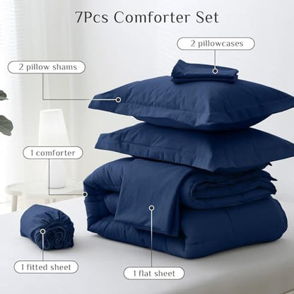 JOLLYVOGUE King Comforter Set, Ultra-Soft Bed in a Bag King Size 7 Pieces, Oeko-TEX Certified Bedding Set with Down Alternative Comforter, Sheets, Pillowcases & Shams, Navy