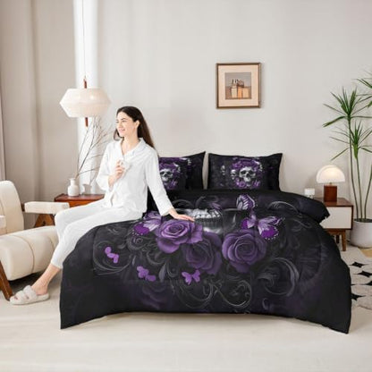 Feelyou Gothic Skull Comforter Set with Sheets 7 Piece Twin Size Halloween Goth Bedding SetKids Vintage Victorian Romantic Purple Rose Bed in a Bag Room Decor Soft Lightweight Microfiber