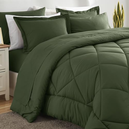 CozyLux Queen Comforter Set 88"x88" Olive Green - 7 Piece Bed in a Bag