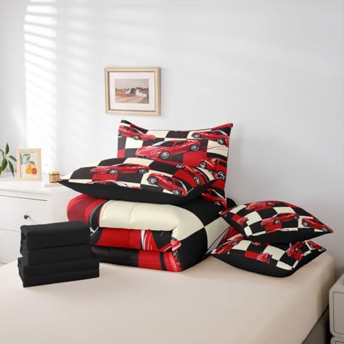 Erosebridal Red Racing Car King Bed in A Bag for Boys, Cool Speed Race Car Comforter Set with Sheets for Kids Youth Men Teens, Extreme Sport 7 Pcs Bedding Set, Grid Buffalo Bed Sets