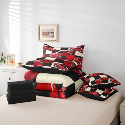 Erosebridal Red Racing Car King Bed in A Bag for Boys, Cool Speed Race Car Comforter Set with Sheets for Kids Youth Men Teens, Extreme Sport 7 Pcs Bedding Set, Grid Buffalo Bed Sets