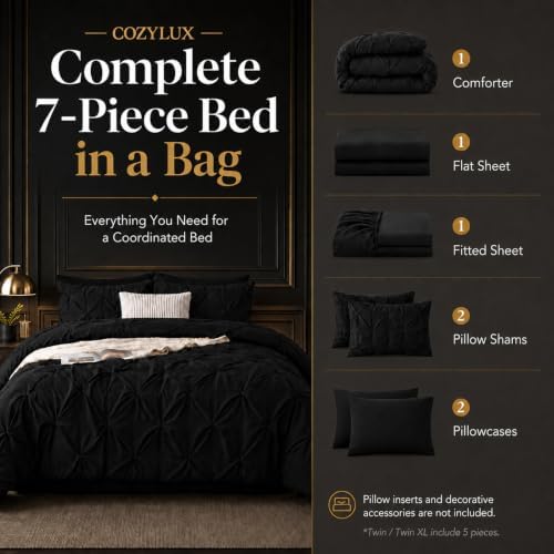 CozyLux Full Size Comforter Sets Black, 7 Pieces Pintuck Bed in a Bag