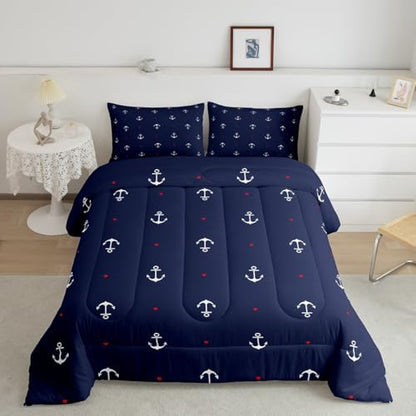 Castle Fairy Anchor Comforter Set King,Nautical Themed Bedding Set 3pcs for Kids Teens Boys Room Decor,Lovely Small Heart Bedding Comforter Navy Blue Microfiber Down Comforter with 2 Pillowcases...