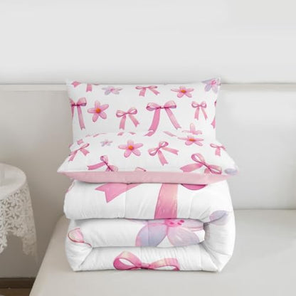 jejeloiu Pink Bow Comforter Set All Season Kawaii Bowknot Bedding Set with 2 Pillow Cases Dreamy Princess Style Microfiber Kids Full Bedclothes Cute Bow Bedroom Decor Duvet Quilt Breathable Soft