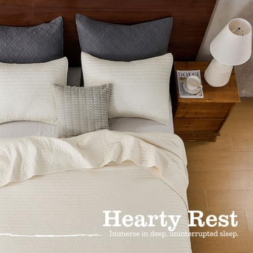 DOWN HOME King Quilt Bedding Set with Shams, Vintage Washed Soft Quilted Blanket Thin Comforter Lightweight Bedspread Coverlet Bed Cover, Brushed Microfiber Stripe Stitching, Linen White, 104"x90"