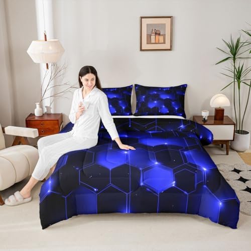 Feelyou Blue Black Geometrics Comforter Set King - Kids Boys Girls Beehive Hexagon Bedding Set - Geometric Honeycomb Duvet Set - Durable Quilt Set King Size