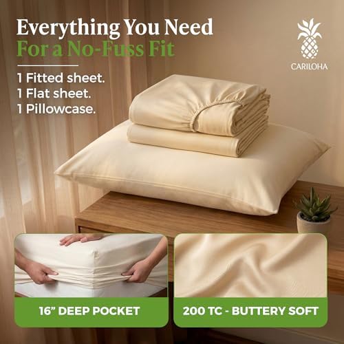 Cariloha Aloha Soft 3-Piece Sheet Set | Natural | Twin XL | Made from 100% Viscose derived from Bamboo | Introductory Sheet Line